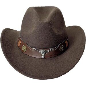 Unisex Coffee 100% Polyester Bull Skull Patterned Band Classic Fedora Cowboy Hat